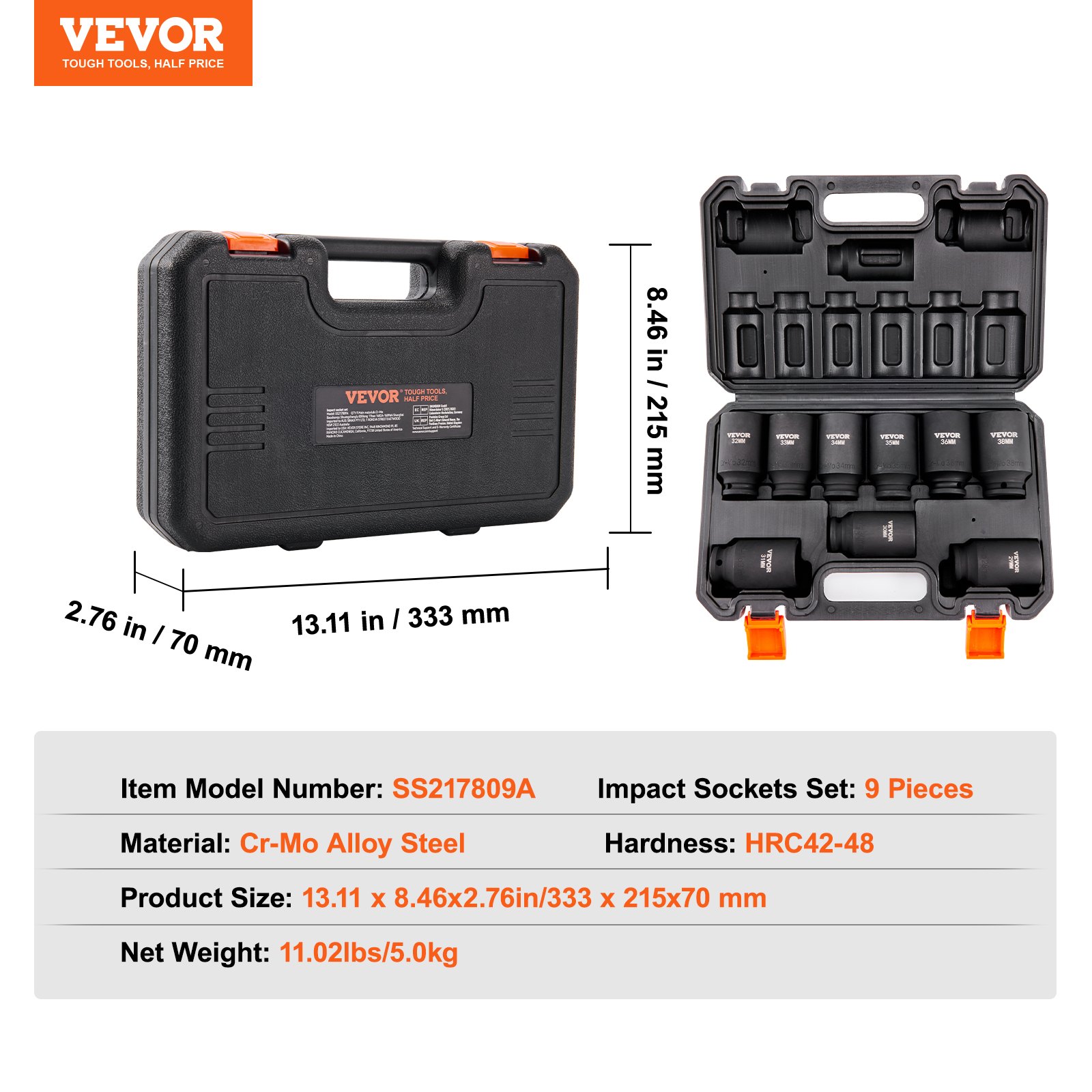 VEVOR 1/2 inch socket set, CR-V alloy steel, 9-piece socket set, 29-38 mm deep sockets, impact wrench, HRC 42-48, includes tool case, metric screw extractor