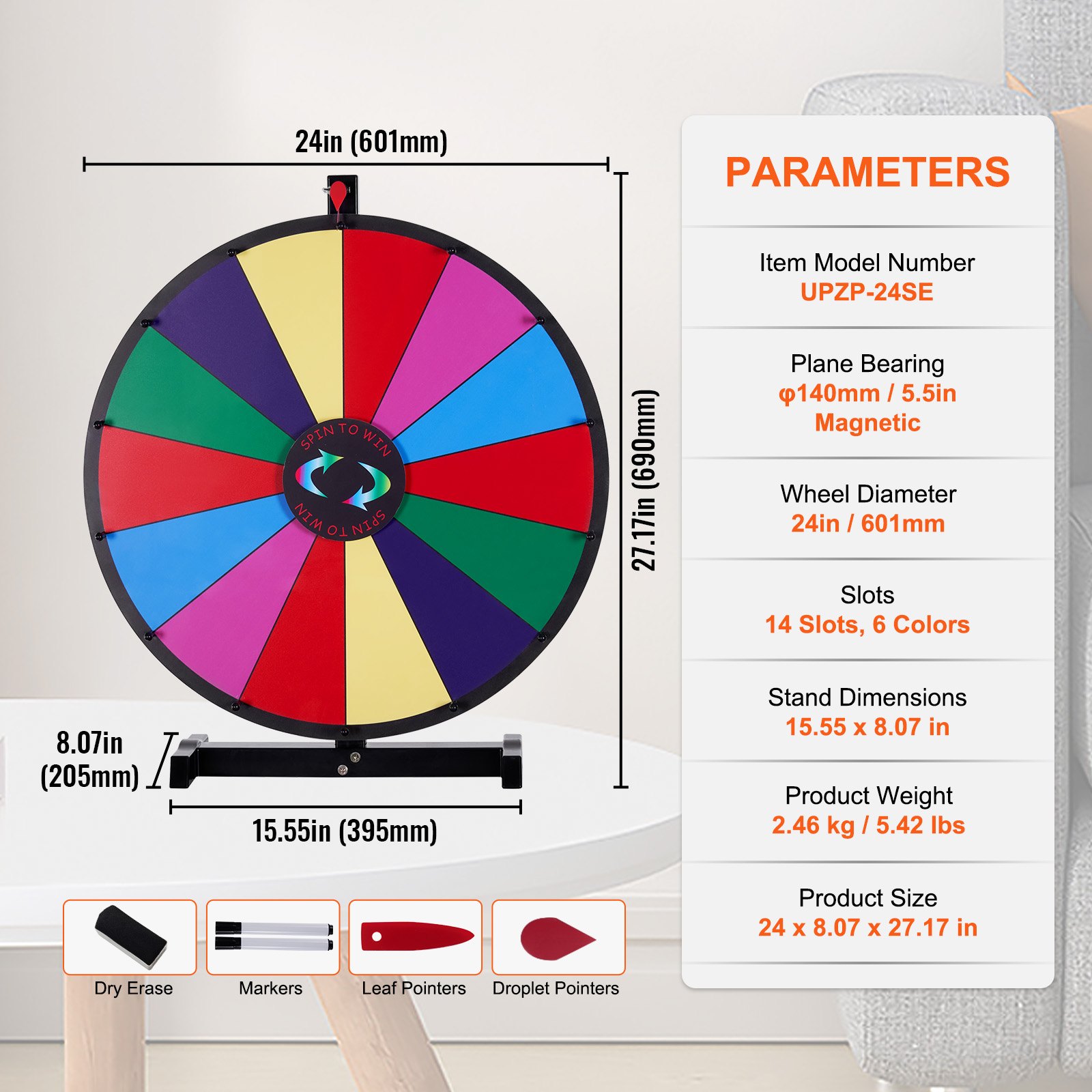 VEVOR 24-inch Large Wheel of Fortune, Tabletop Spinning Wheel with 14 Slots, Roulette Wheel with Dry Eraser Pen and 2 Markers, Win Wheel of Fortune Games at Parties, Pubs, Fairs and Carnivals