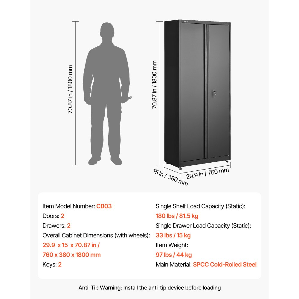 VEVOR Metall Aufbewahrungsschrank, Garagenschrank mit 2 Türen 2 Schubladen 2 Verstellbaren Regalen & Lochwand, 1,8m Hochschrank 81,5kg Belastbar, Mehrzweckschrank für Garage Büro Werkstatt, Schwarz