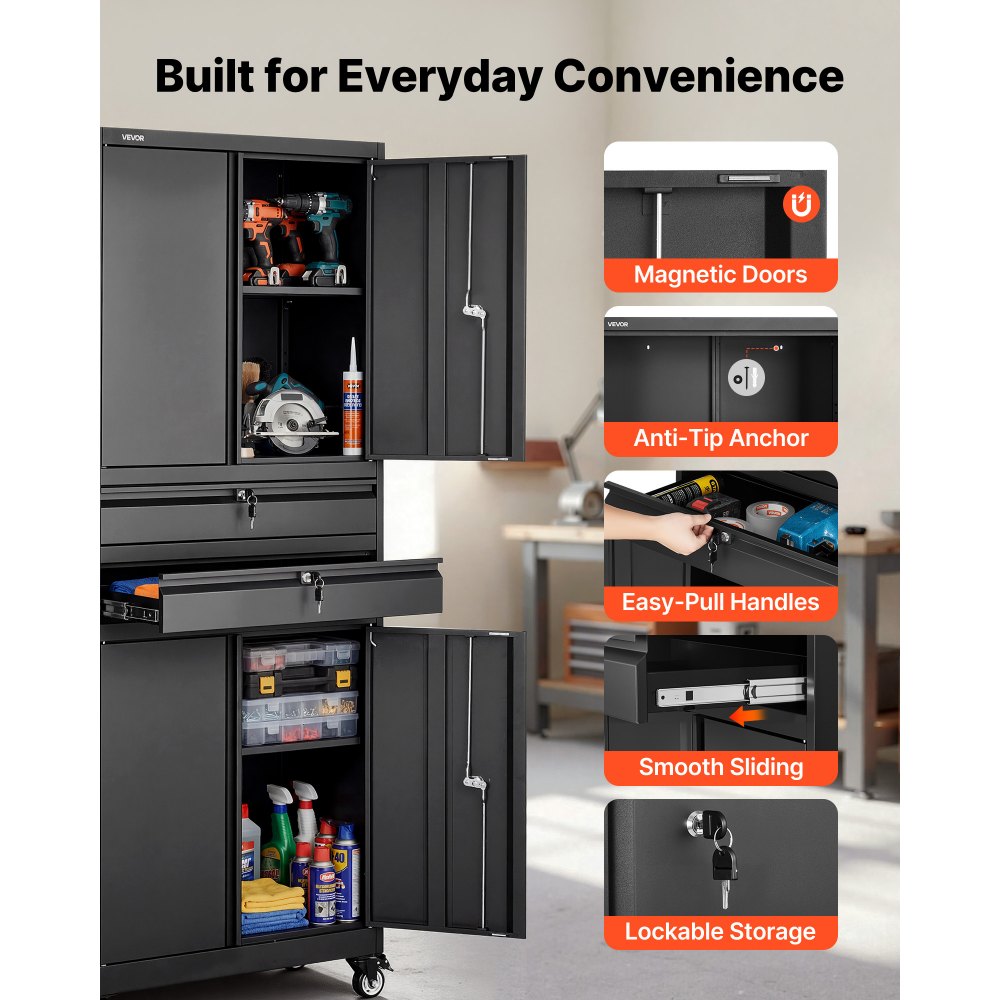 VEVOR Metal Storage Cabinet with Wheels, 81.5 kg Shelf Load Capacity, 1905 mm Tall Rolling Garage Tool Storage Cabinet with 4 Locking Doors and Adjustable Shelves, 2 Drawers, for Garage, Office, Home