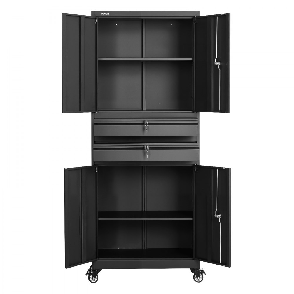 VEVOR Metal Storage Cabinet with Wheels, 81.5 kg Shelf Load Capacity, 1905 mm Tall Rolling Garage Tool Storage Cabinet with 4 Locking Doors and Adjustable Shelves, 2 Drawers, for Garage, Office, Home
