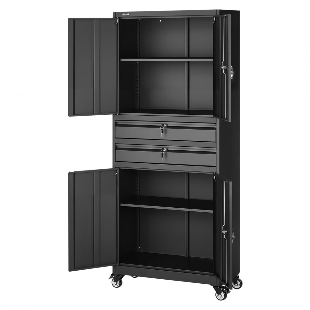 VEVOR Metal Storage Cabinet with Wheels, 81.5 kg Shelf Load Capacity, 1905 mm Tall Rolling Garage Tool Storage Cabinet with 4 Locking Doors and Adjustable Shelves, 2 Drawers, for Garage, Office, Home