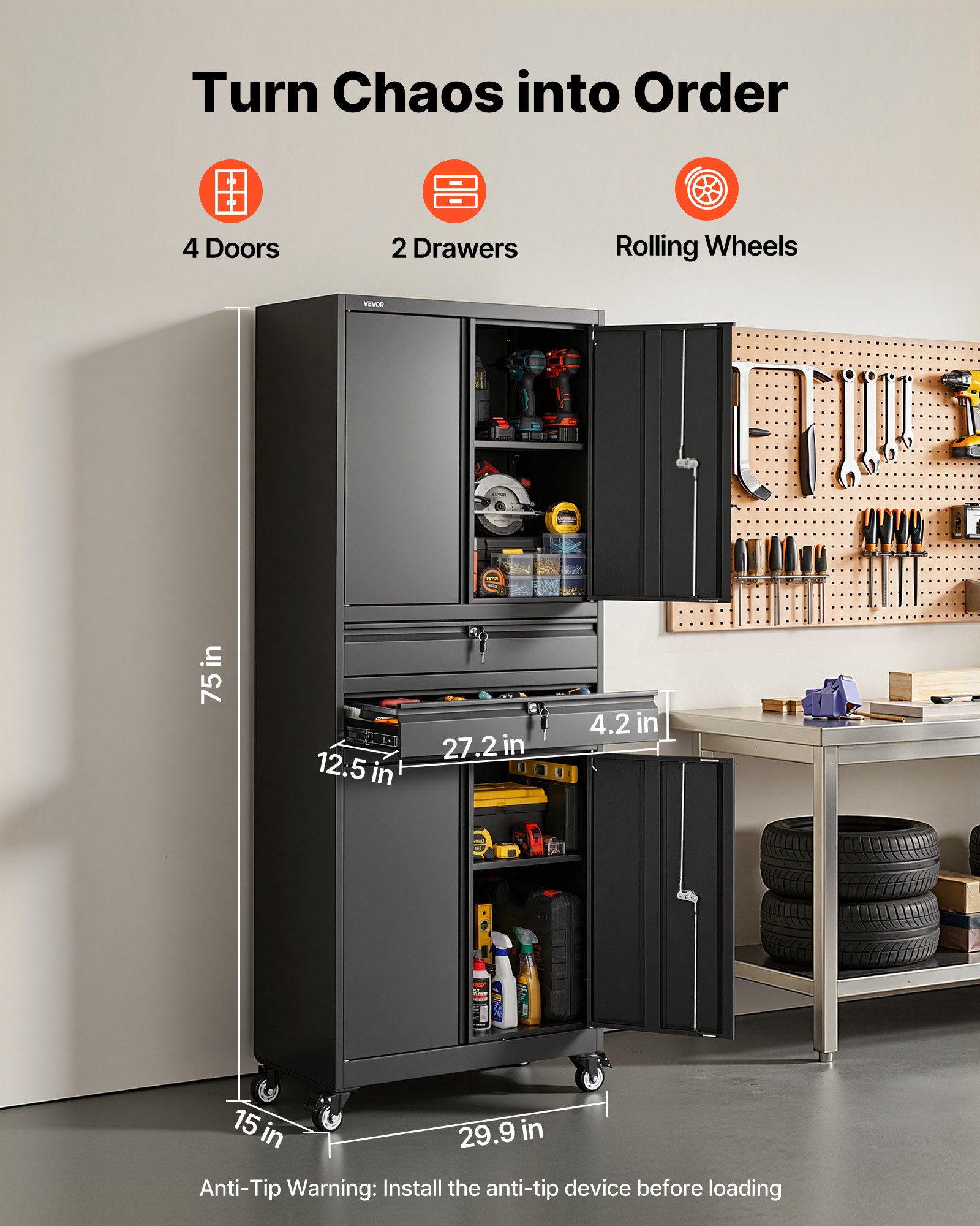 VEVOR Metal Storage Cabinet with Wheels, 81.5 kg Shelf Load Capacity, 1905 mm Tall Rolling Garage Tool Storage Cabinet with 4 Locking Doors and Adjustable Shelves, 2 Drawers, for Garage, Office, Home