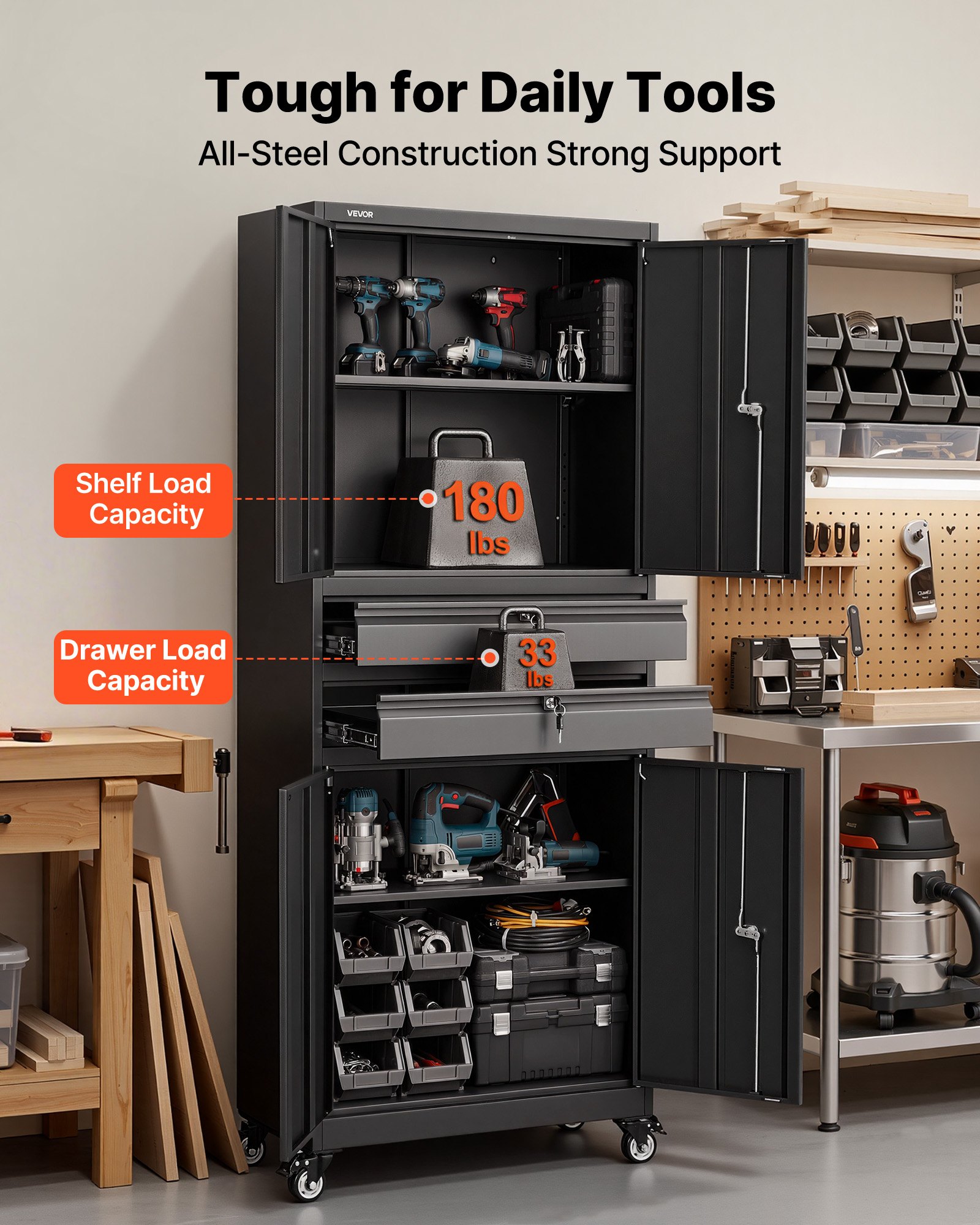 VEVOR Metal Storage Cabinet with Wheels, 81.5 kg Shelf Load Capacity, 1905 mm Tall Rolling Garage Tool Storage Cabinet with 4 Locking Doors and Adjustable Shelves, 2 Drawers, for Garage, Office, Home