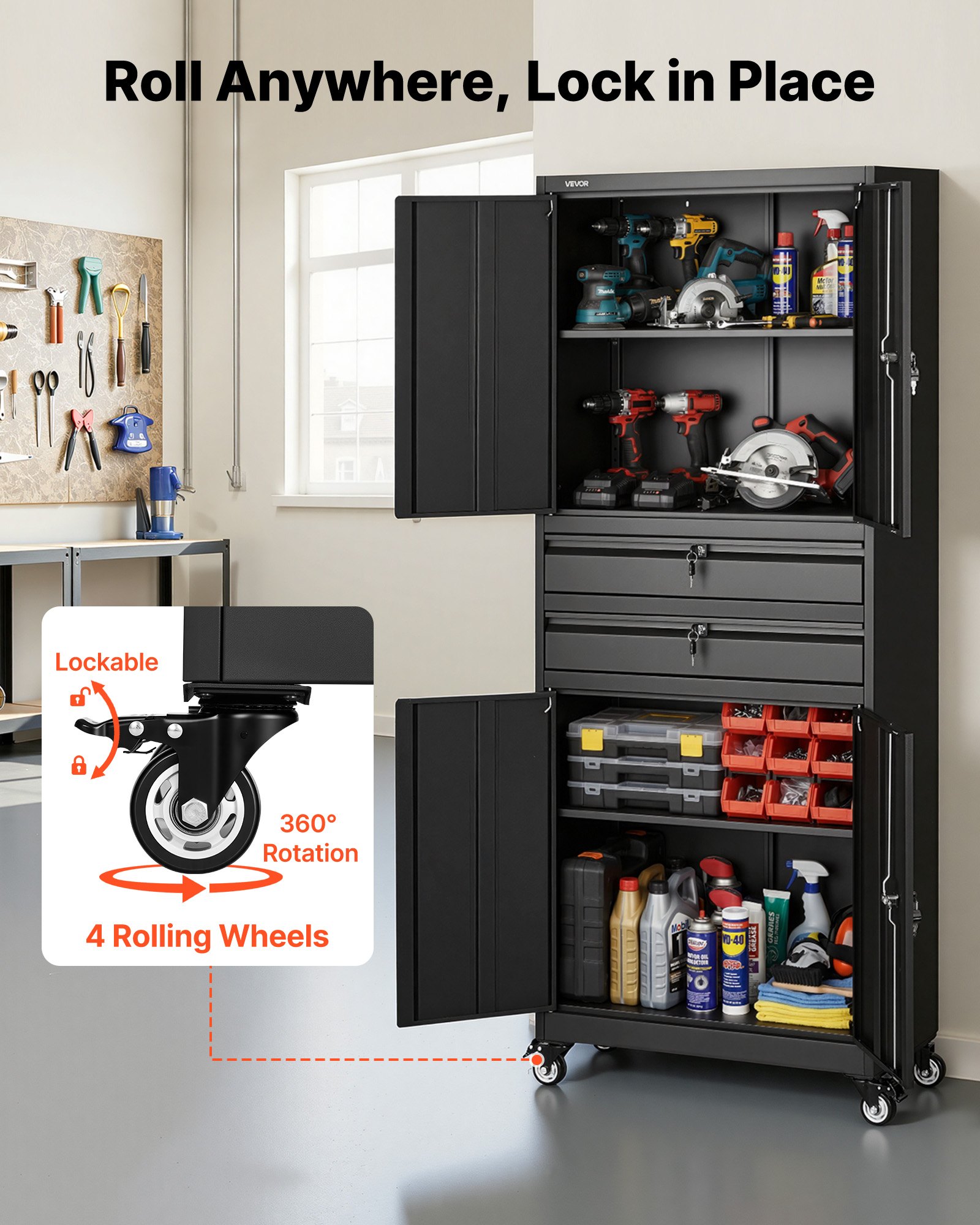 VEVOR Metal Storage Cabinet with Wheels, 81.5 kg Shelf Load Capacity, 1905 mm Tall Rolling Garage Tool Storage Cabinet with 4 Locking Doors and Adjustable Shelves, 2 Drawers, for Garage, Office, Home