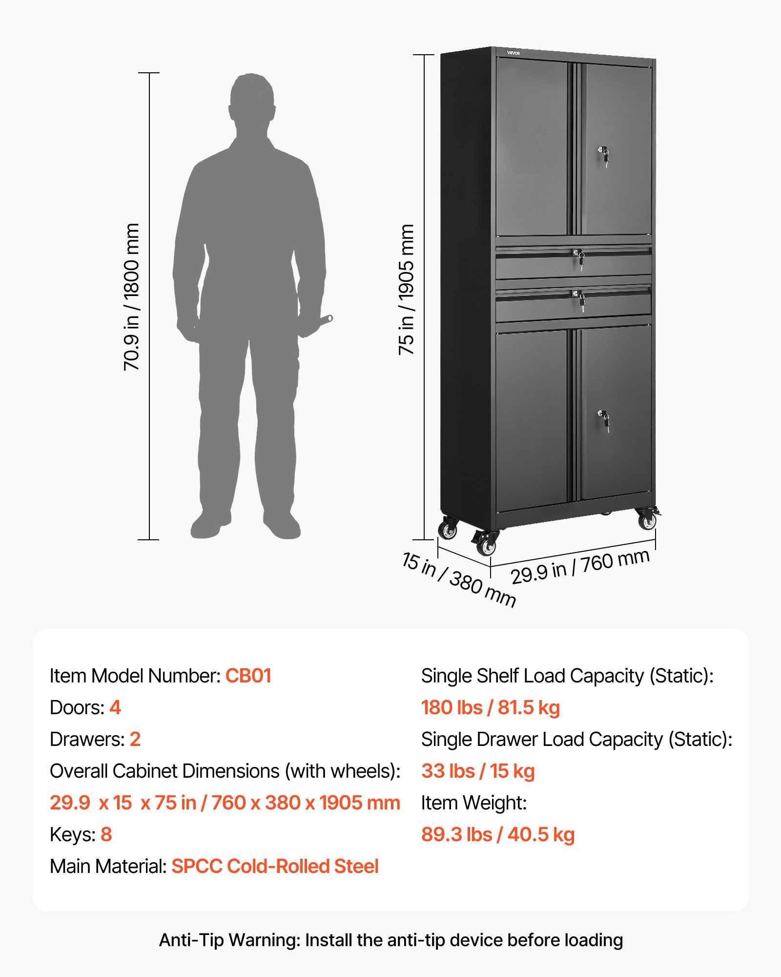 VEVOR Metal Storage Cabinet with Wheels, 81.5 kg Shelf Load Capacity, 1905 mm Tall Rolling Garage Tool Storage Cabinet with 4 Locking Doors and Adjustable Shelves, 2 Drawers, for Garage, Office, Home