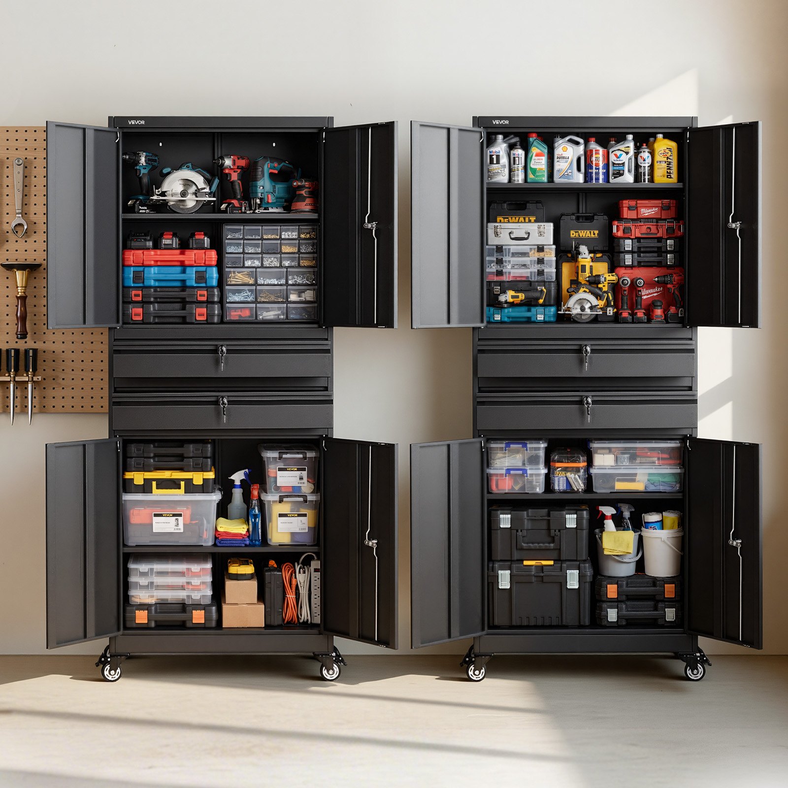 VEVOR Metal Storage Cabinet with Wheels, 81.5 kg Shelf Load Capacity, 1905 mm Tall Rolling Garage Tool Storage Cabinet with 4 Locking Doors and Adjustable Shelves, 2 Drawers, for Garage, Office, Home
