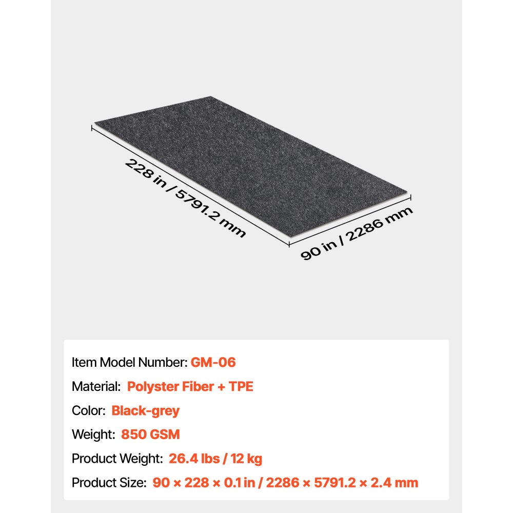 VEVOR Garagenbodenmatte 2286 x 5791,2 x 2,4 mm Werkstattboden 820-850 g/m² Garagenboden Filz & TPE Öl Auffangmatte Garagenmatte Servicematte Bodenschutz Bodenplatten für Garage