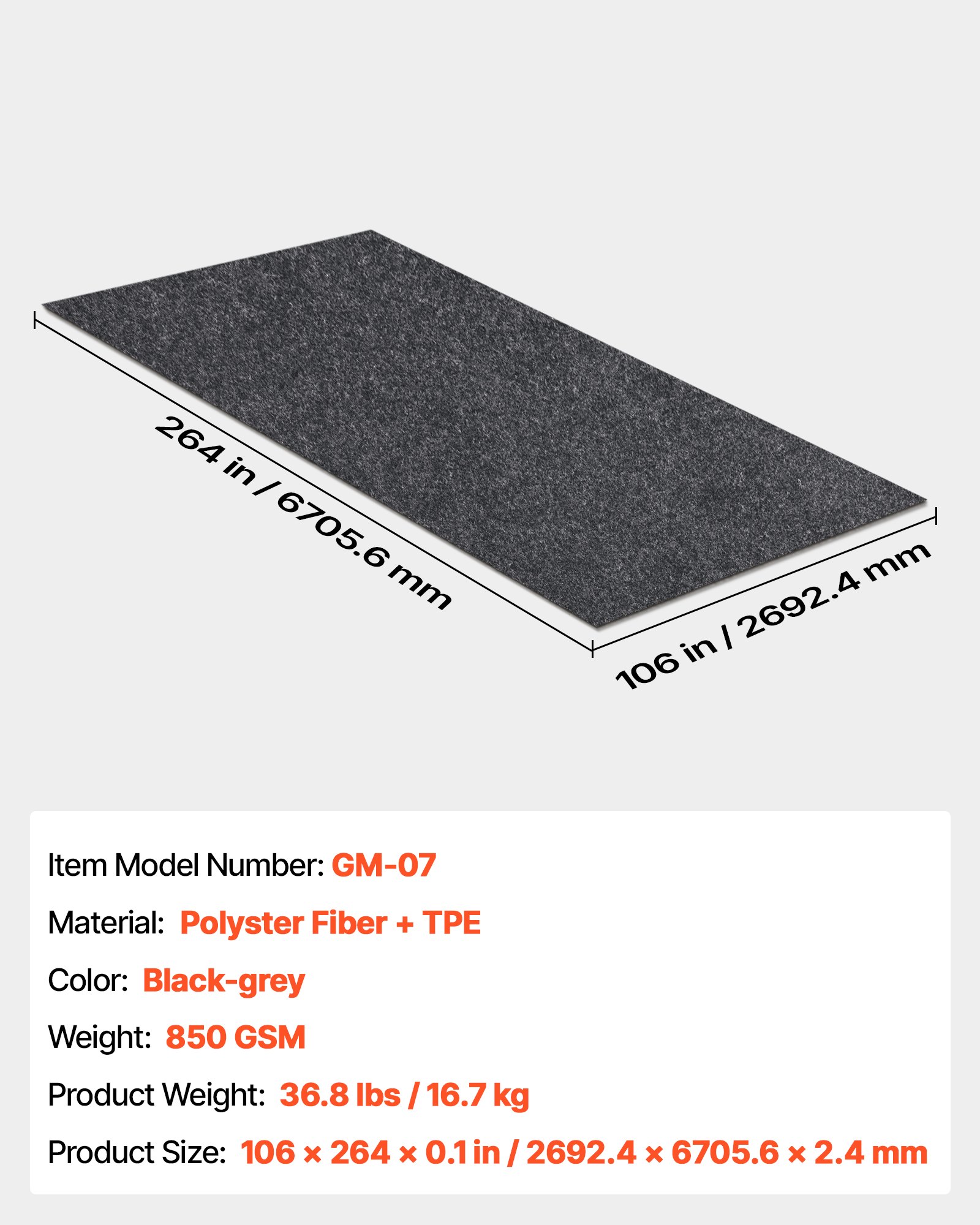 VEVOR Garagenbodenmatte 2692,4 x 6705,6 x 2,4 mm Werkstattboden 820-850 g/m² Garagenboden Filz & TPE Öl Auffangmatte Garagenmatte Servicematte Bodenschutz Bodenplatten für Garage