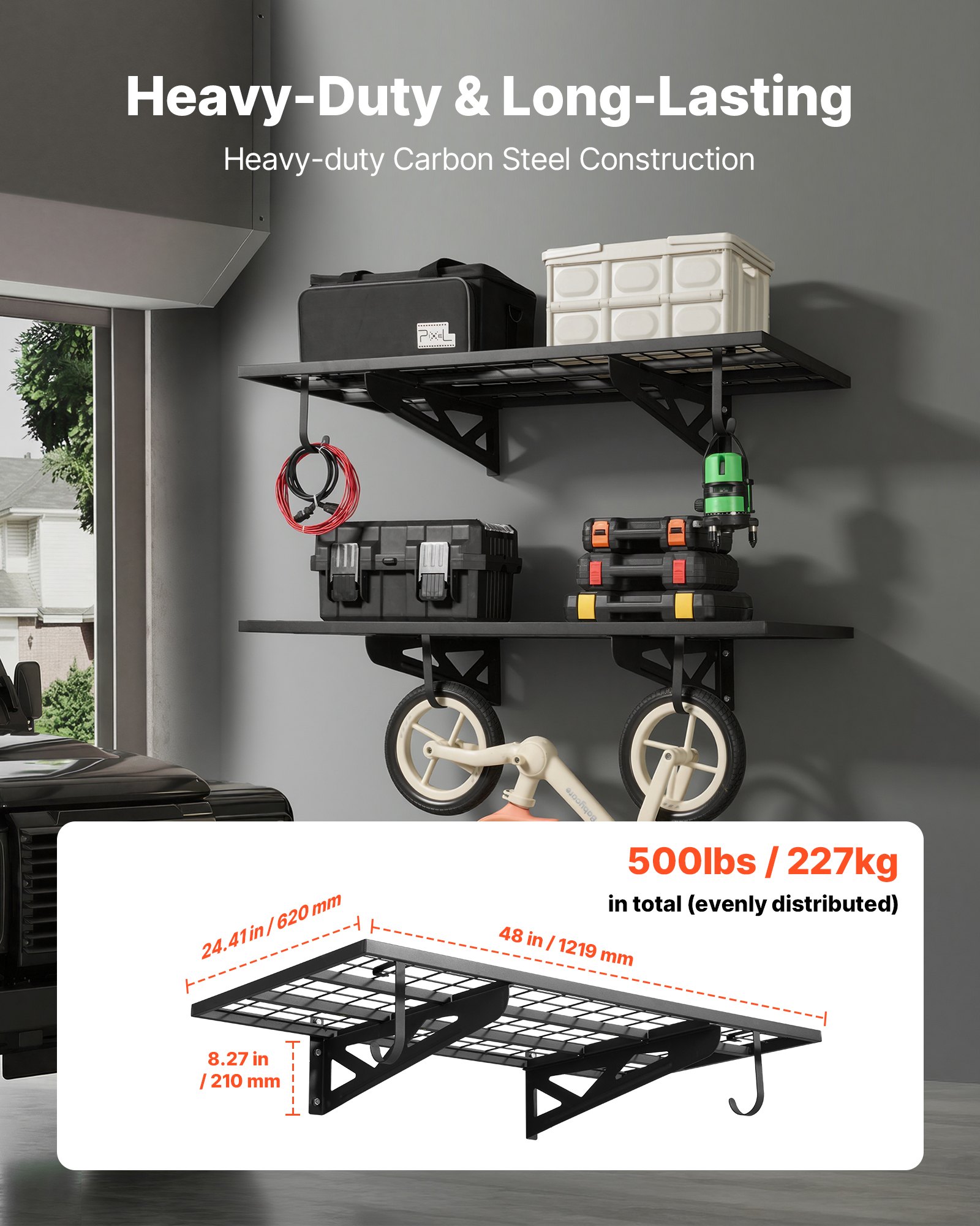 VEVOR 2er-Set Garagenregal 1219x620x210 mm Werkzeugaufbewahrung 113 kg pro Schicht Werkzeughalter Wand 1219x620 mm Regalfläche Aufbewahrungsregale Metallregal Werkzeug Organizer Wandregale