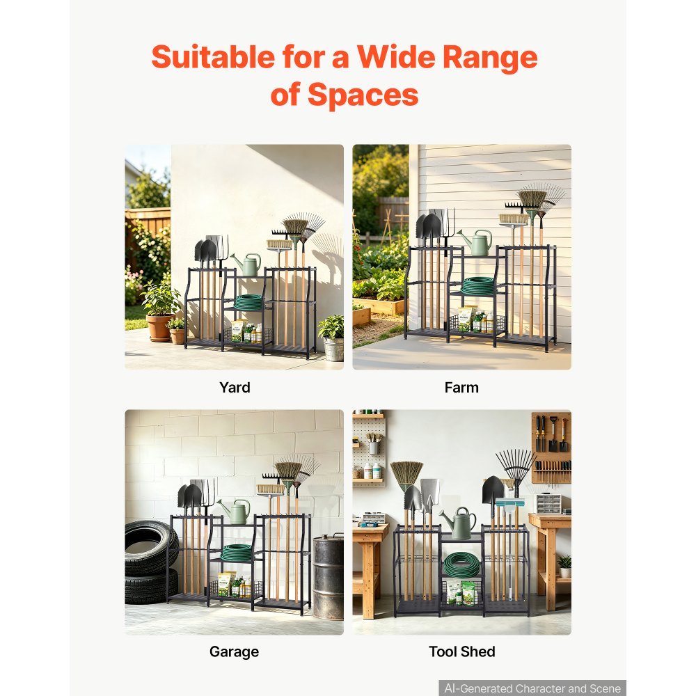 VEVOR Gartengeräte Ständer 1235x290x795mm 3-Stöckiger Gerätehalter Schwarz, Aufbewahrungsregal für Garage Schuppen Garten, Organizer aus Stahl für Besen Mopp Rechen, mit Ablagefächern & Nivellierfüßen