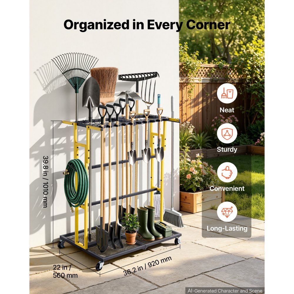 VEVOR Gartengeräte Ständer 920x560x1010mm Gerätehalter mit Rollen Schwarz, Aufbewahrungsregal für Garage Schuppen Garten, Organizer aus Stahl für Besen Mopp Rechen, 2-in-1 mit Schlitze & Klemmsystem