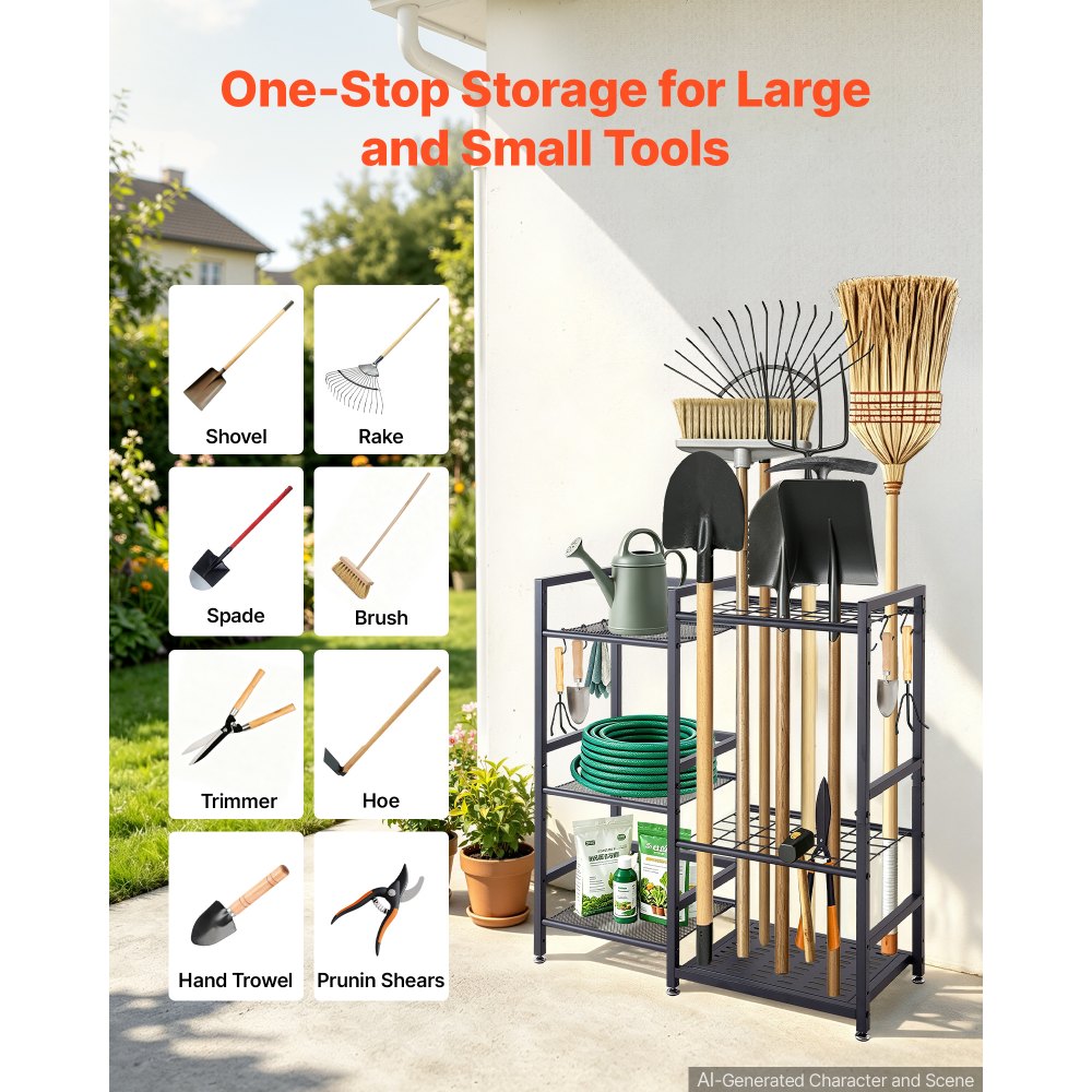 VEVOR Gartengeräte Ständer 740x300x805mm 3-Stöckiger Gerätehalter Schwarz, Aufbewahrungsregal für Garage Schuppen Garten & Outdoor, Organizer aus Stahl mit 3 Ablagefächern 6 Haken & Nivellierfüßen