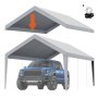 VEVOR-Carport-Überdachung mit blauem LKW, Montagediagramm und Zubehörsatz.