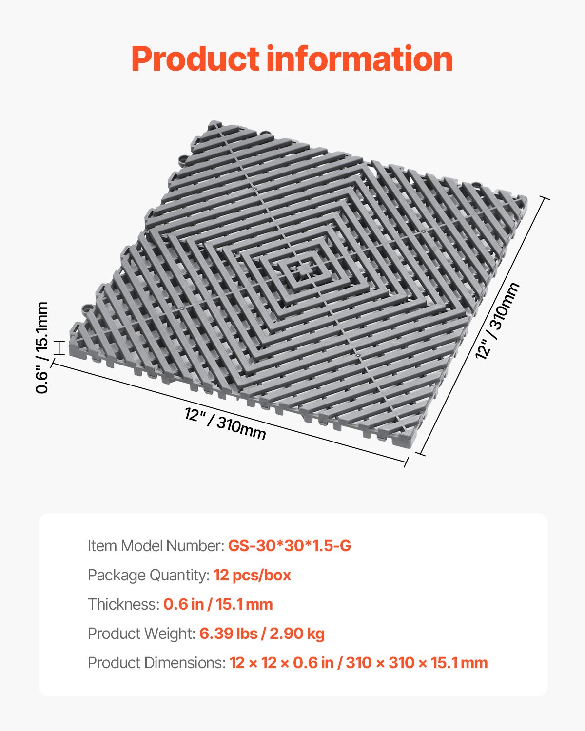 VEVOR ineinandergreifende Drainagematte 31 x 31 cm modulares ineinandergreifende Matten, 12 Stk. zusammensteckbare Drainagematten, rutschfeste graue Bodenfliesen & Duschmatte, für Garage Garten