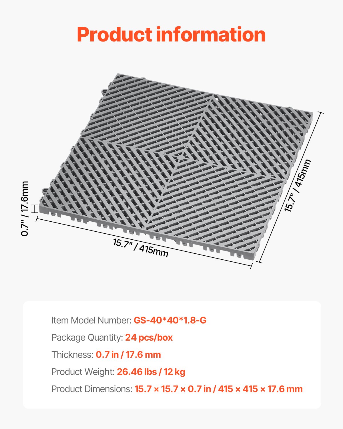 VEVOR ineinandergreifende Drainagematte, 15,7 x 15,7 Zoll, modulares ineinandergreifendes Kissen, 24-teiliges Spleiß-Drainagematten, rutschfeste graue PP-Drainage-Bodenfliesen und Duschmatte, für Garage, Garten, Küche und Außenbereich