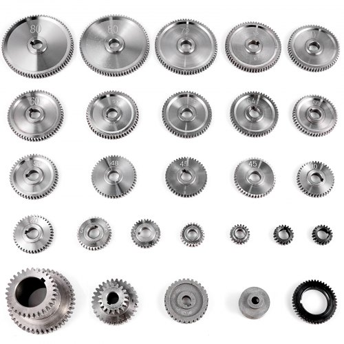 VEVOR Metall Austausch Getriebe, 27 Stk. Ein Set Drehmaschine Metall Austausch Getriebe, CJ0618 Mikro Drehmaschinen Getriebe, Rechte Hand Stirnrad Zahnrad Kit, mit 2 zusätzlichen Riemen Drehbank