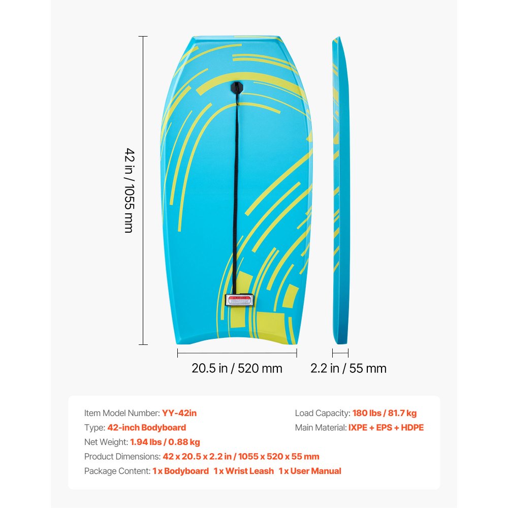 VEVOR Bodyboard 105,5x52 cm, Wellenboard aus IXPE HDPE mit EPS-Kern, Surfbrett inkl. Handgelenkleine UV-Schutz für Anfänger & Fortgeschrittene bis 82 kg, Schwimmboard für Strand Meer Schwimmbad Surfen