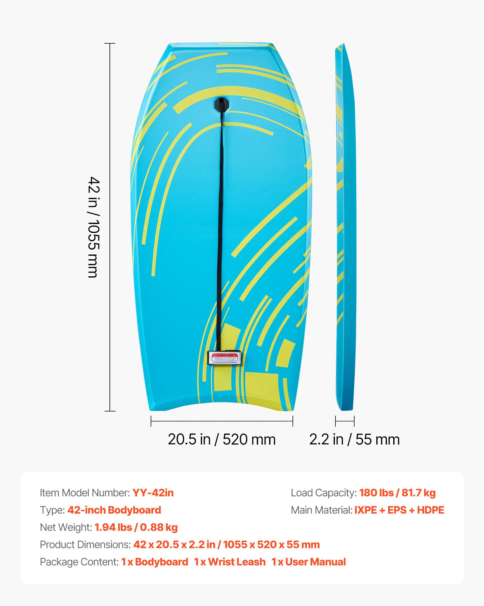 VEVOR Bodyboard 105,5x52 cm, Wellenboard aus IXPE HDPE mit EPS-Kern, Surfbrett inkl. Handgelenkleine UV-Schutz für Anfänger & Fortgeschrittene bis 82 kg, Schwimmboard für Strand Meer Schwimmbad Surfen
