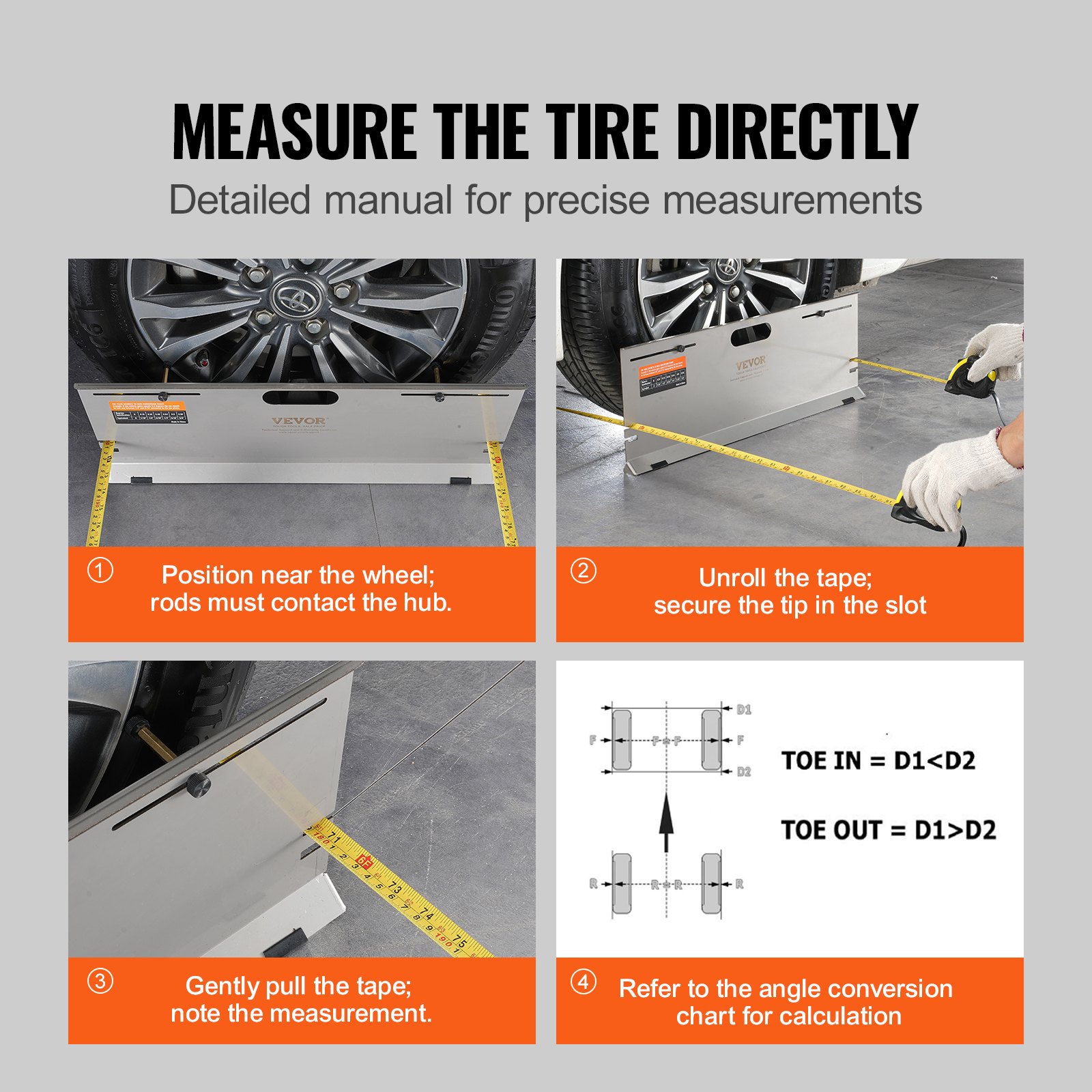 VEVOR Wheel Alignment System, 2-Pack Wheel Alignment Plates, Stainless Steel Toe Angle Measuring Plate, 4 Alignment Rods & Magnetic Slots, incl. Measuring Tapes & Conversion Table