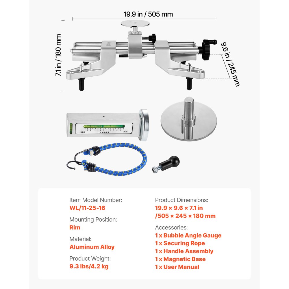 VEVOR Radklemme und Magnetadapter, 1 Stk. Radausrichtungswerkzeug aus Aluminiumlegierung für präzise Sturzlehre, passend für 11-25-Zoll-Felgen, magnetisches Reifenreparaturwerkzeug für Auto Lkw