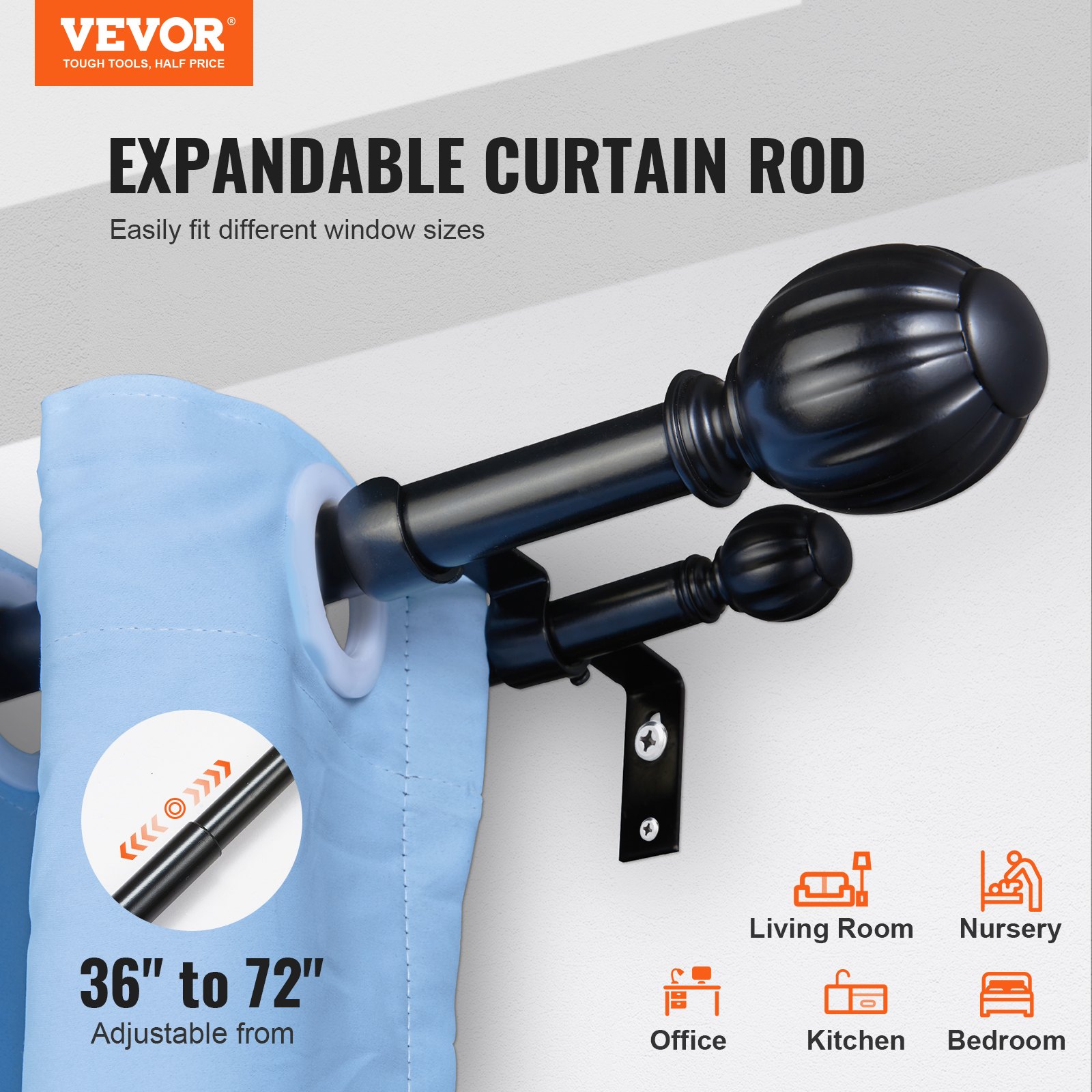 VEVOR Curtain Rods, Internal Track, 2-Track, 92-183 cm, Adjustable Curtain Rods with Rounded Ball Head & Brackets - Decorative Windows for Living Room, Bedroom Windows / Black