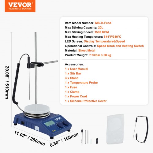 VEVOR Magnetrührer Mit Heizplatte – 250 W, 70 °C, 0-1600 U/min, 1 L, Inkl. Rührstab & Ständer – Für Labor & Forschung