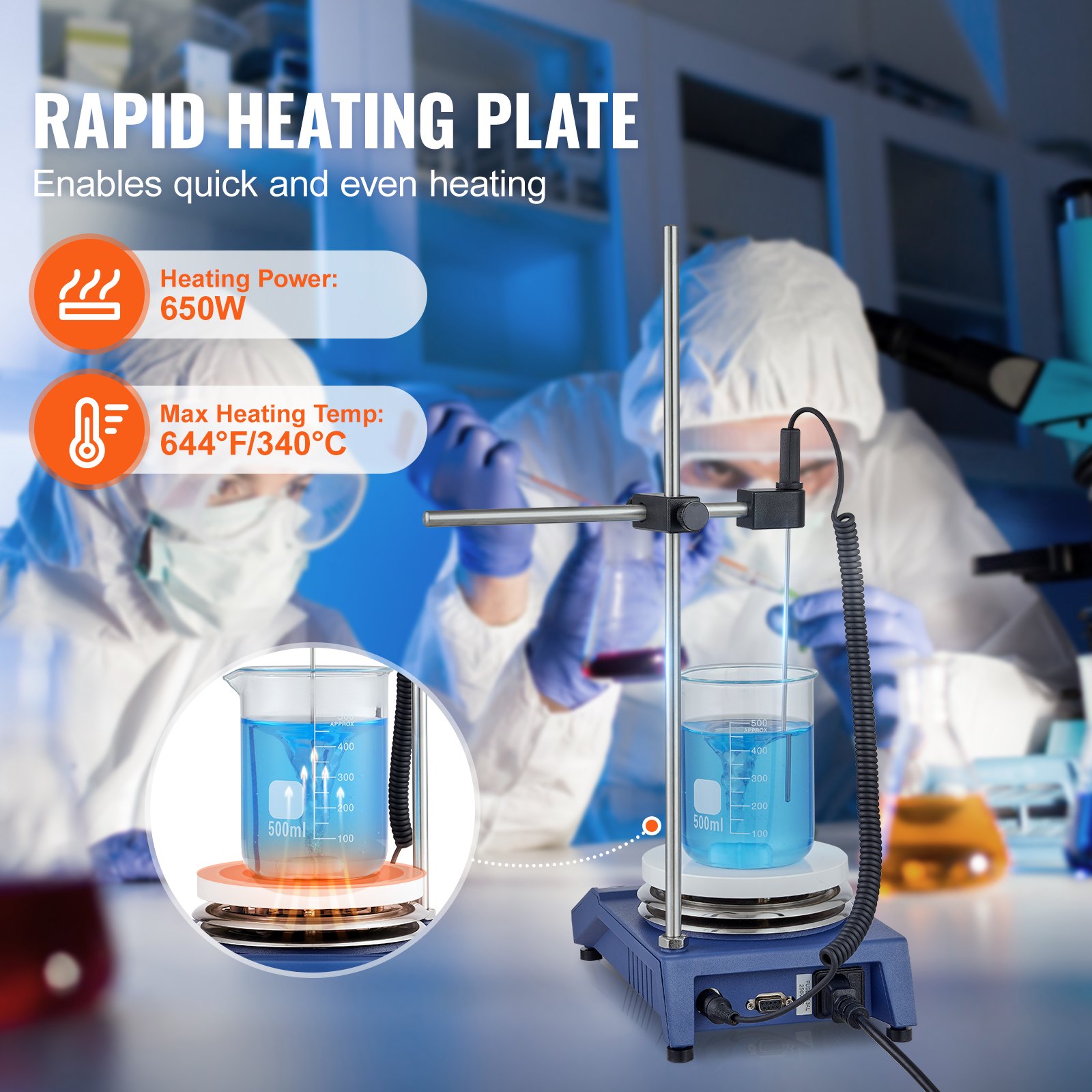 VEVOR Magnetrührer-Heizplatte, Max. 340 °C, 1500 U/min Heizplatte mit Magnetrührer, 20 L Heizplattenrührer mit LED-Bildschirm, Stützständer und Rührstäbe, 650 W Heizleistung