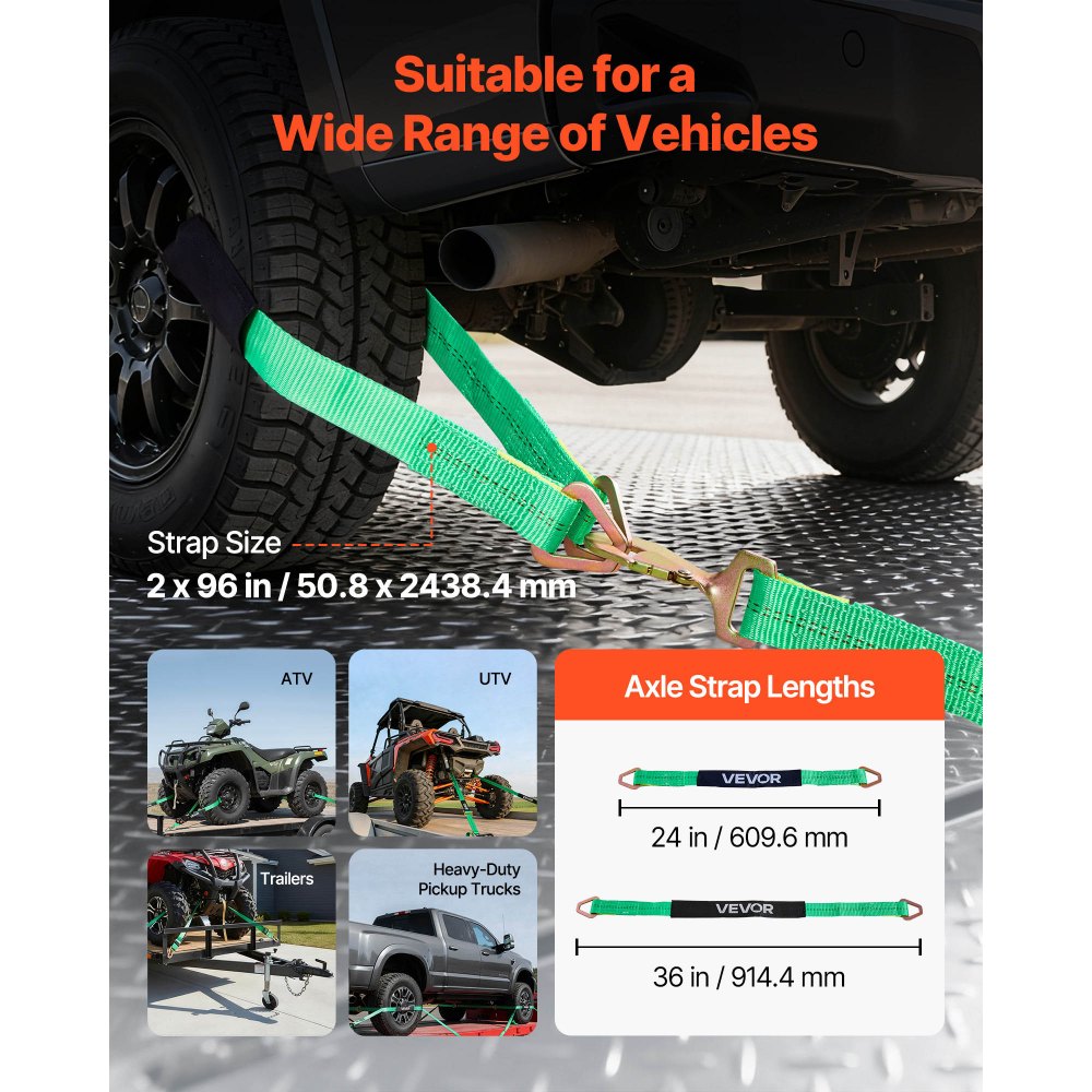 VEVOR Radspanngurt Befestigungsgurt (50,8 x 2438,4 mm) mit Federhaken & 4540 kg Zugfestigkeit & 1512 kg Tragfähigkeit, Motorrad-Spannsystem Radsicherungsgurt Reifengurt für SUVs Anhänger Grün