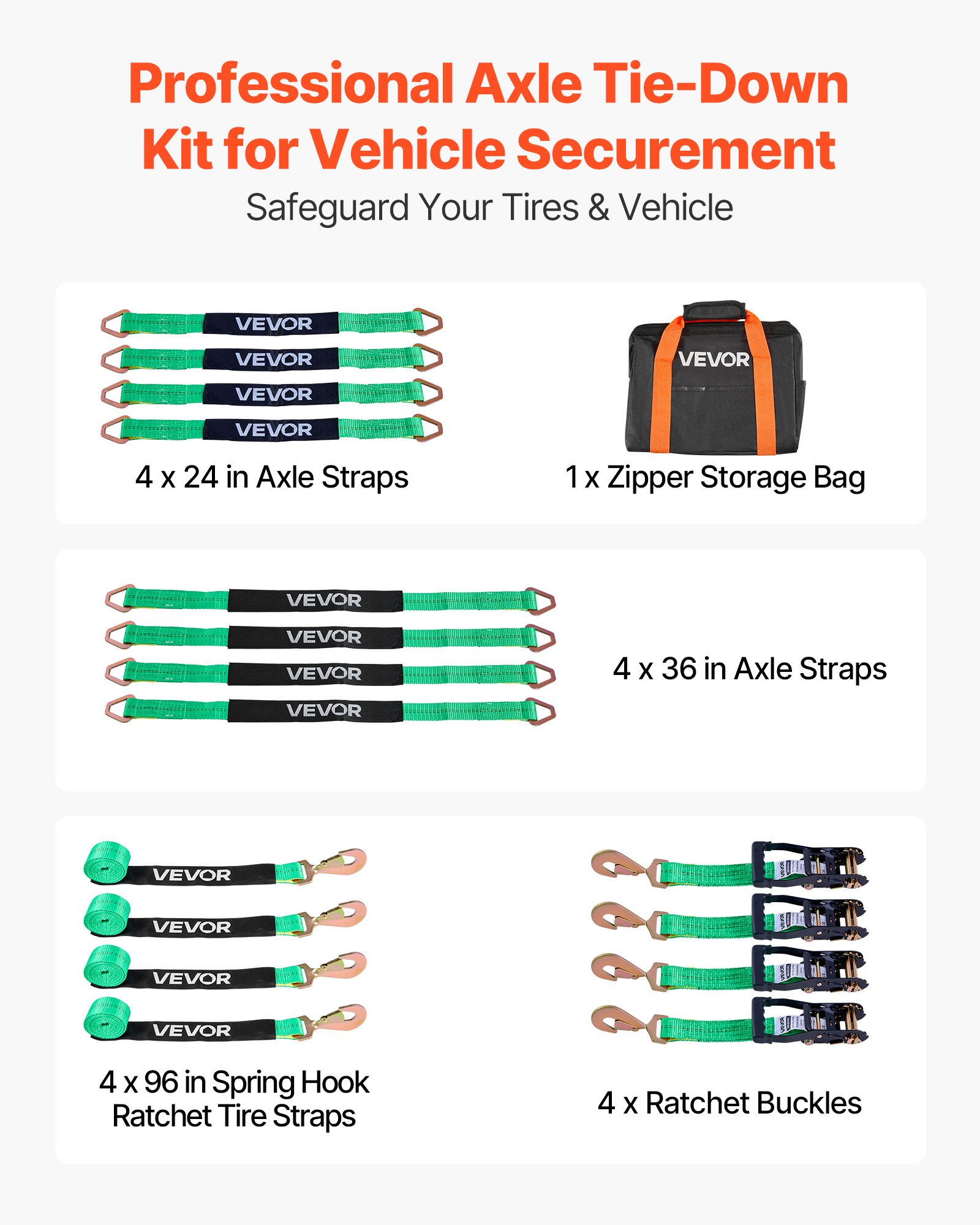 VEVOR Radspanngurt Befestigungsgurt (50,8 x 2438,4 mm) mit Federhaken & 4540 kg Zugfestigkeit & 1512 kg Tragfähigkeit, Motorrad-Spannsystem Radsicherungsgurt Reifengurt für SUVs Anhänger Grün