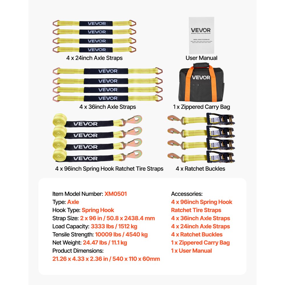 VEVOR Radspanngurt Befestigungsgurt (50,8 x 2438,4 mm) mit Federhaken & 4540 kg Zugfestigkeit & 1512 kg Tragfähigkeit, Motorrad-Spannsystem Radsicherungsgurt Reifengurt für SUVs Anhänger Gelb