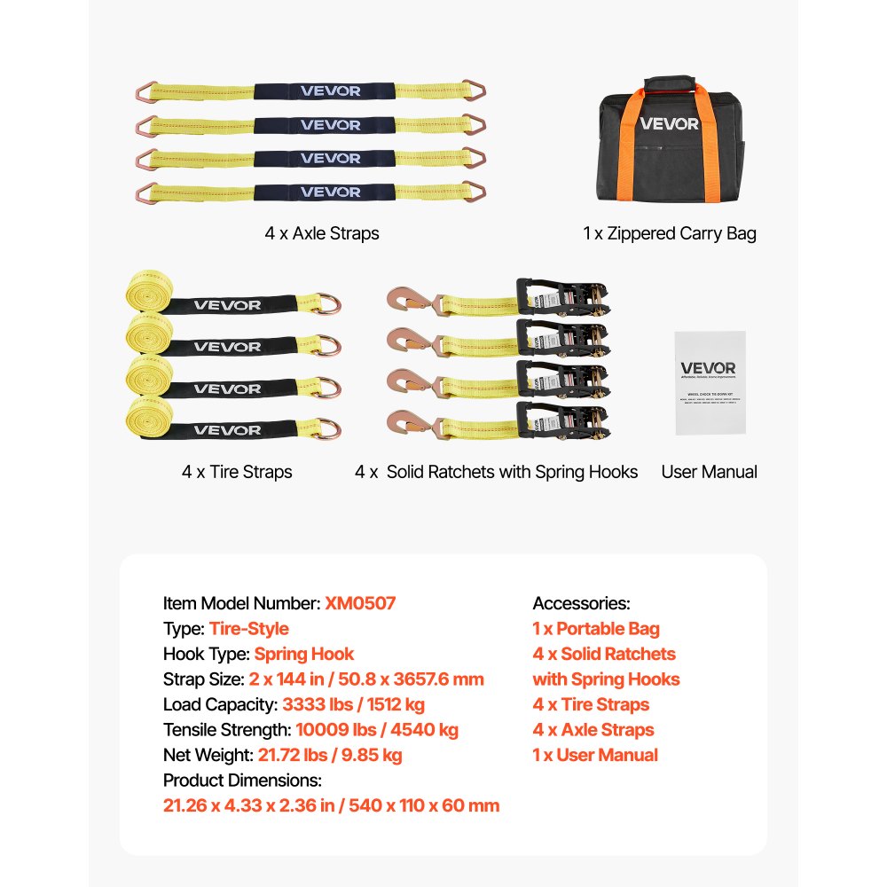 VEVOR Radspanngurt Befestigungsgurt (50,8 x 3657,6 mm) mit Federhaken & 4540 kg Zugfestigkeit & 1512 kg Tragfähigkeit, Motorrad-Spannsystem Radsicherungsgurt Reifengurt für SUVs Anhänger