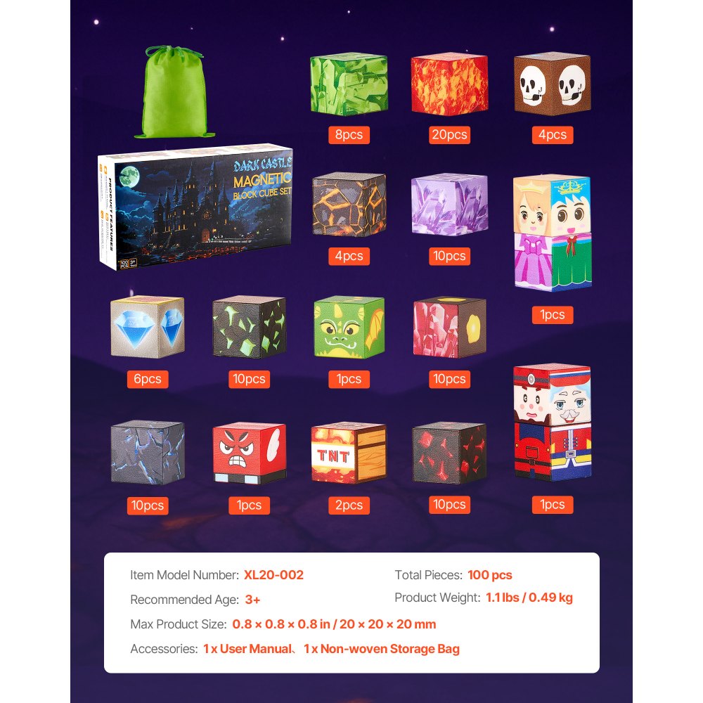 VEVOR Magnetische Bausteine, 100-teiliges Dark Castle-Set, Magnetblöcke, STEM Montessori-Spielzeug als Weihnachts- & Geburtstagsgeschenk, Konstruktions-Stapelspielzeug, ab 3 Jahren
