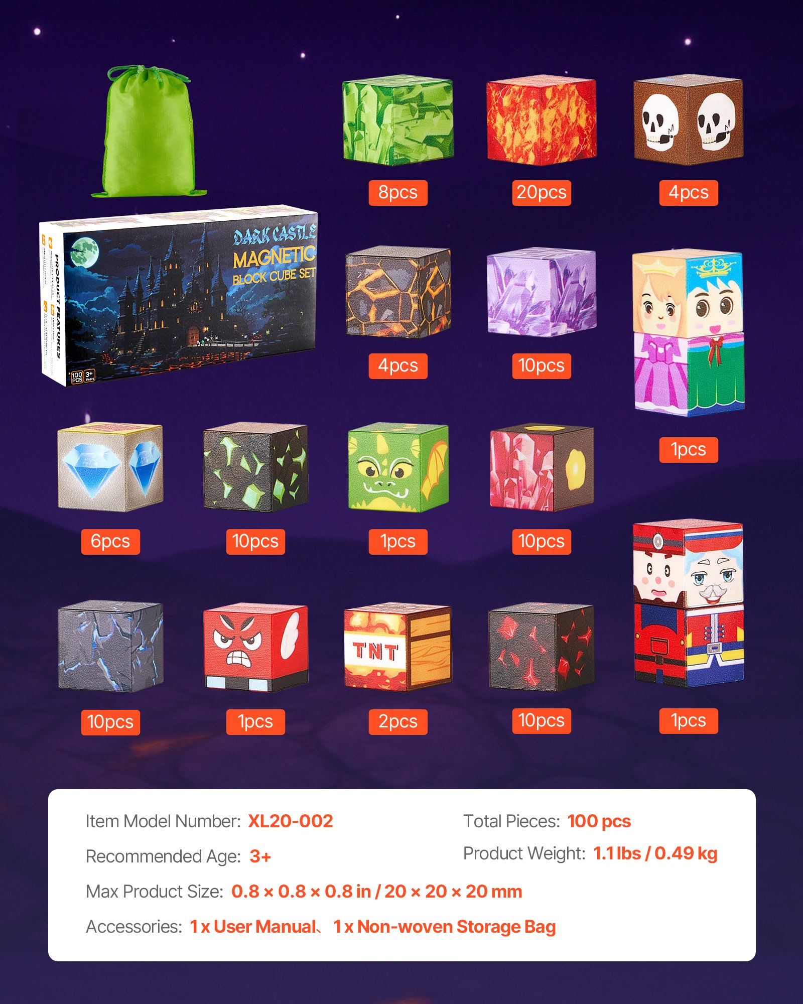 VEVOR Magnetische Bausteine, 100-teiliges Dark Castle-Set, Magnetblöcke, STEM Montessori-Spielzeug als Weihnachts- & Geburtstagsgeschenk, Konstruktions-Stapelspielzeug, ab 3 Jahren