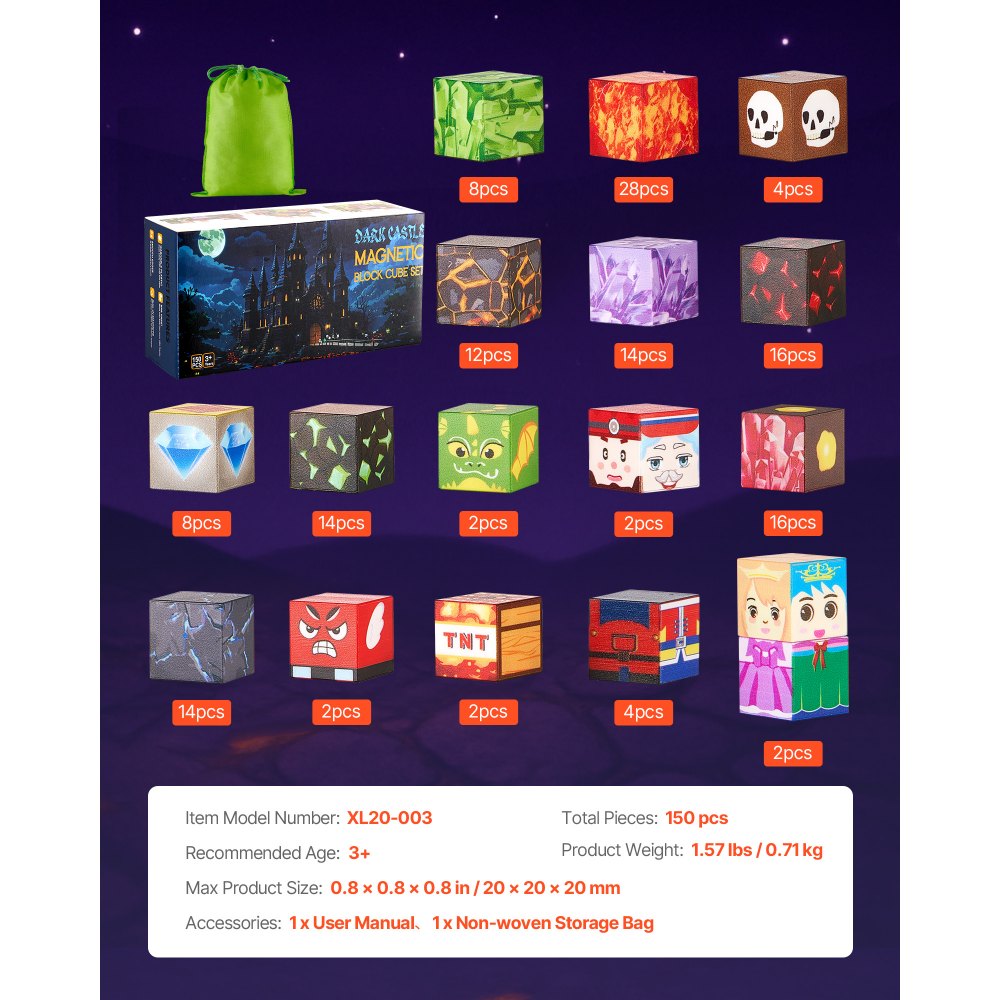 VEVOR Magnetische Bausteine, 150-teiliges Dark Castle-Set, Magnetblöcke, STEM Montessori-Spielzeug als Weihnachts- & Geburtstagsgeschenk, Konstruktions-Stapelspielzeug, ab 3 Jahren