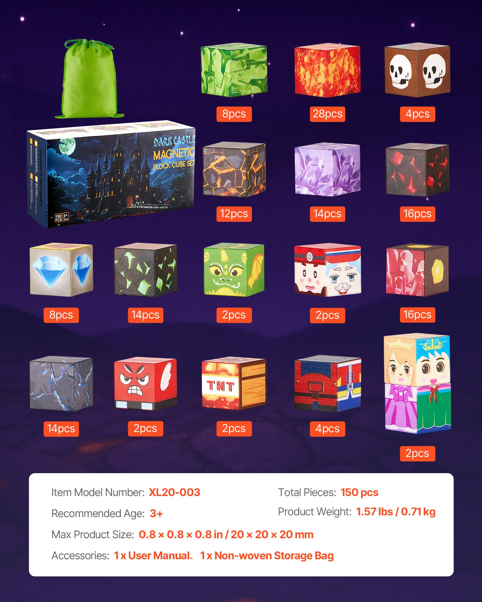 VEVOR Magnetische Bausteine, 150-teiliges Dark Castle-Set, Magnetblöcke, STEM Montessori-Spielzeug als Weihnachts- & Geburtstagsgeschenk, Konstruktions-Stapelspielzeug, ab 3 Jahren