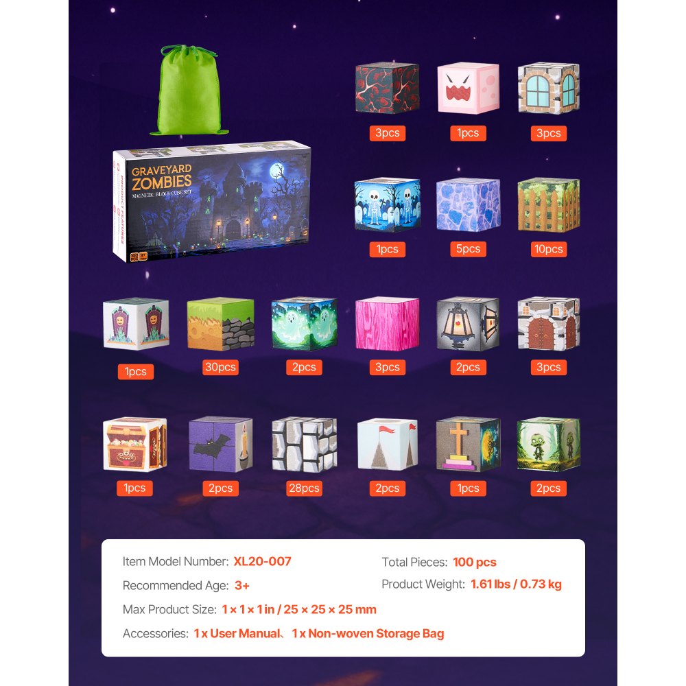 VEVOR Magnetische Bausteine, 100-teiliges Friedhofs-Zombie-Set, Magnetblöcke, STEM Montessori-Spielzeug als Weihnachts- & Geburtstagsgeschenk, Konstruktions-Stapelspielzeug, ab 3 Jahren