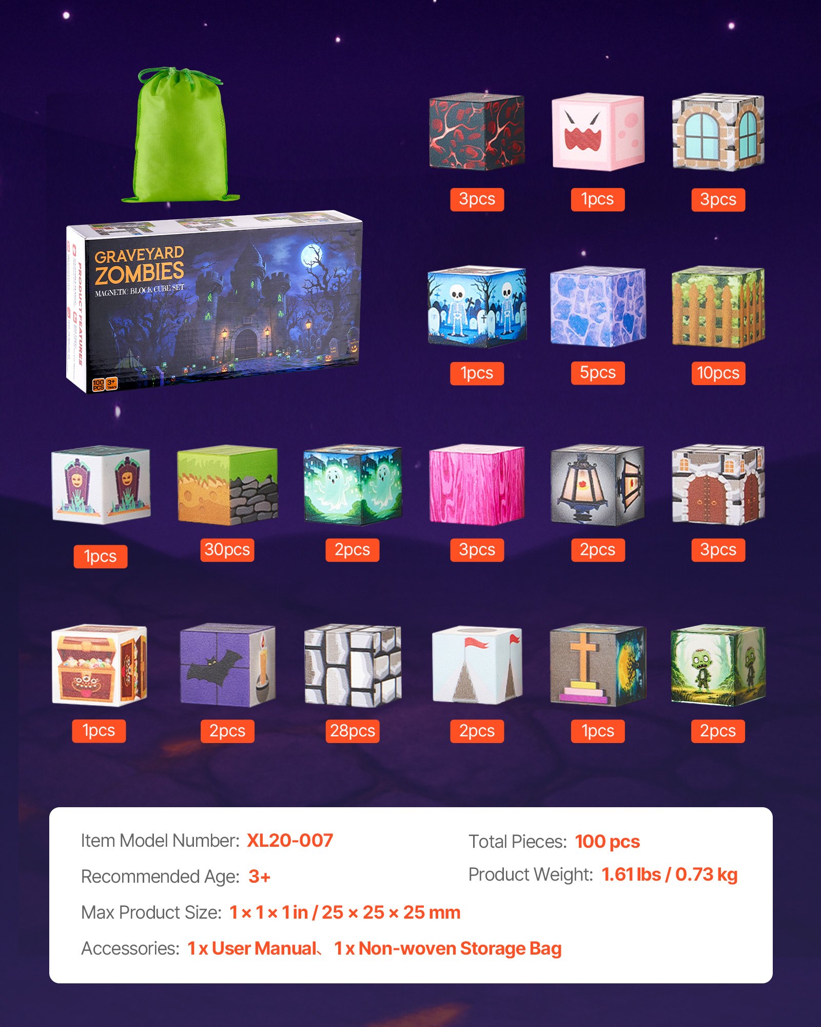 VEVOR Magnetische Bausteine, 100-teiliges Friedhofs-Zombie-Set, Magnetblöcke, STEM Montessori-Spielzeug als Weihnachts- & Geburtstagsgeschenk, Konstruktions-Stapelspielzeug, ab 3 Jahren