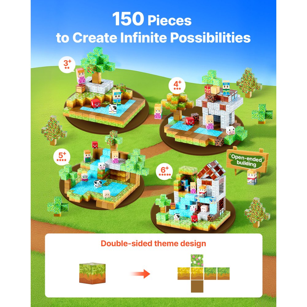 VEVOR Magnetic Blocks, 150 PCS Forest Castle Set, Magnetic Building Cubes for Kids, STEM Montessori Sensory Toys for Christmas Birthday Gift, Construction Stacking Toy for 3+ Years Old Boys & Girls