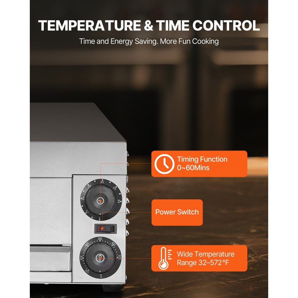 VEVOR Elektrischer Pizzaofen für Arbeitsplatten, 12 Zoll, 1500 W, mit Temperaturregelung und 0-60-Minuten-Timer, gleichmäßiger Backtechnologie und leicht zu reinigender Krümelschublade, ideal für gewerbliche und private Küchen