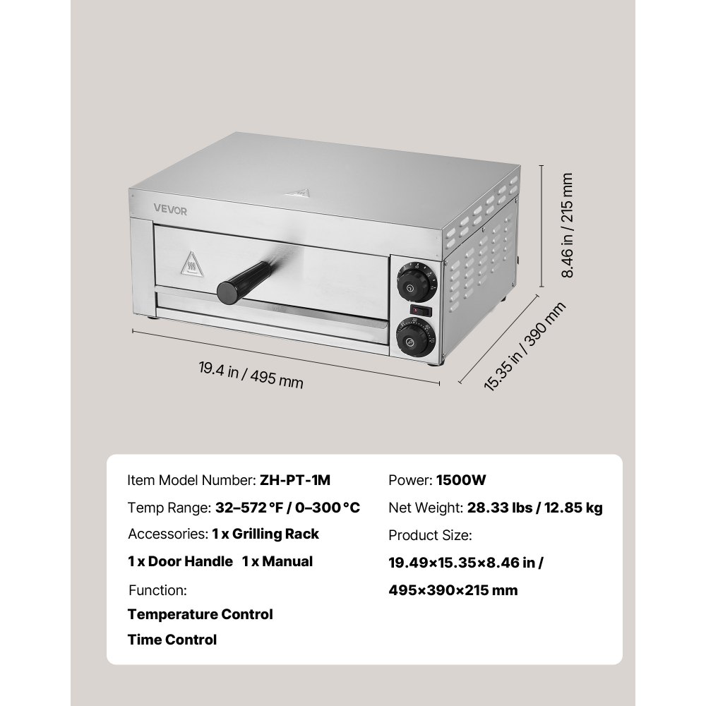 VEVOR Elektrischer Pizzaofen für Arbeitsplatten, 12 Zoll, 1500 W, mit Temperaturregelung und 0-60-Minuten-Timer, gleichmäßiger Backtechnologie und leicht zu reinigender Krümelschublade, ideal für gewerbliche und private Küchen