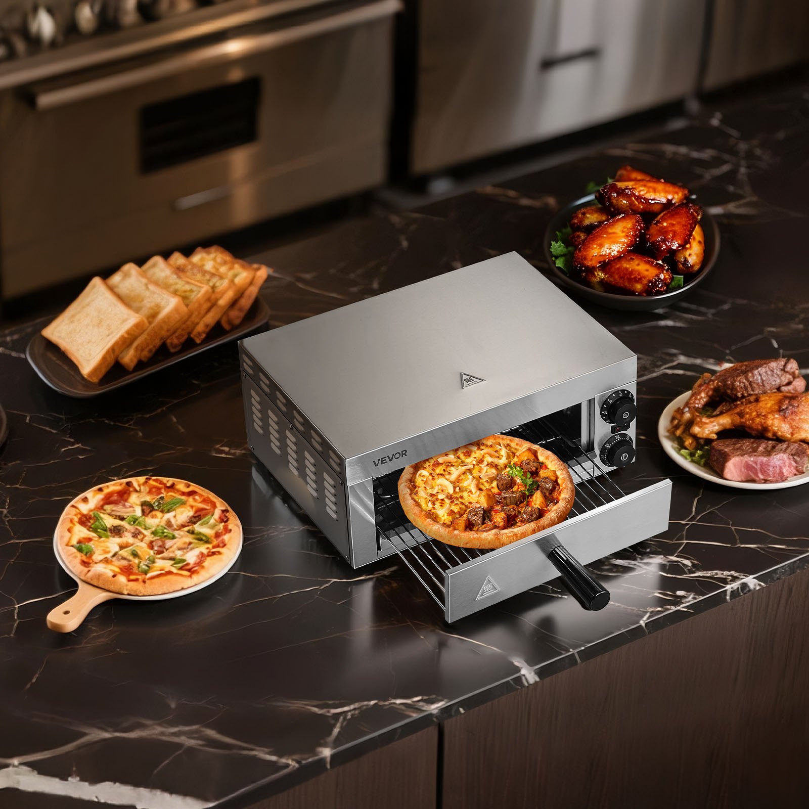 VEVOR Elektrischer Pizzaofen für Arbeitsplatten, 12 Zoll, 1500 W, mit Temperaturregelung und 0-60-Minuten-Timer, gleichmäßiger Backtechnologie und leicht zu reinigender Krümelschublade, ideal für gewerbliche und private Küchen