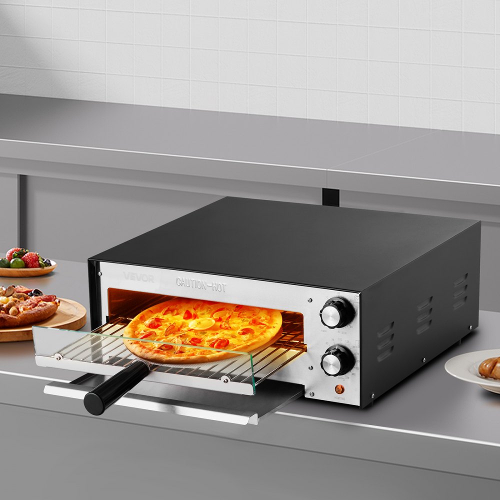 VEVOR elektrischer Pizzaofen für 305 mm Pizza 1450 W Pizzabackofen bis 300 °C, Pizzamaker mit Zeit- und Temperaturregelung, Pizzabackmaschine Pizzamaschine multifunktional Grillofen Schwarz