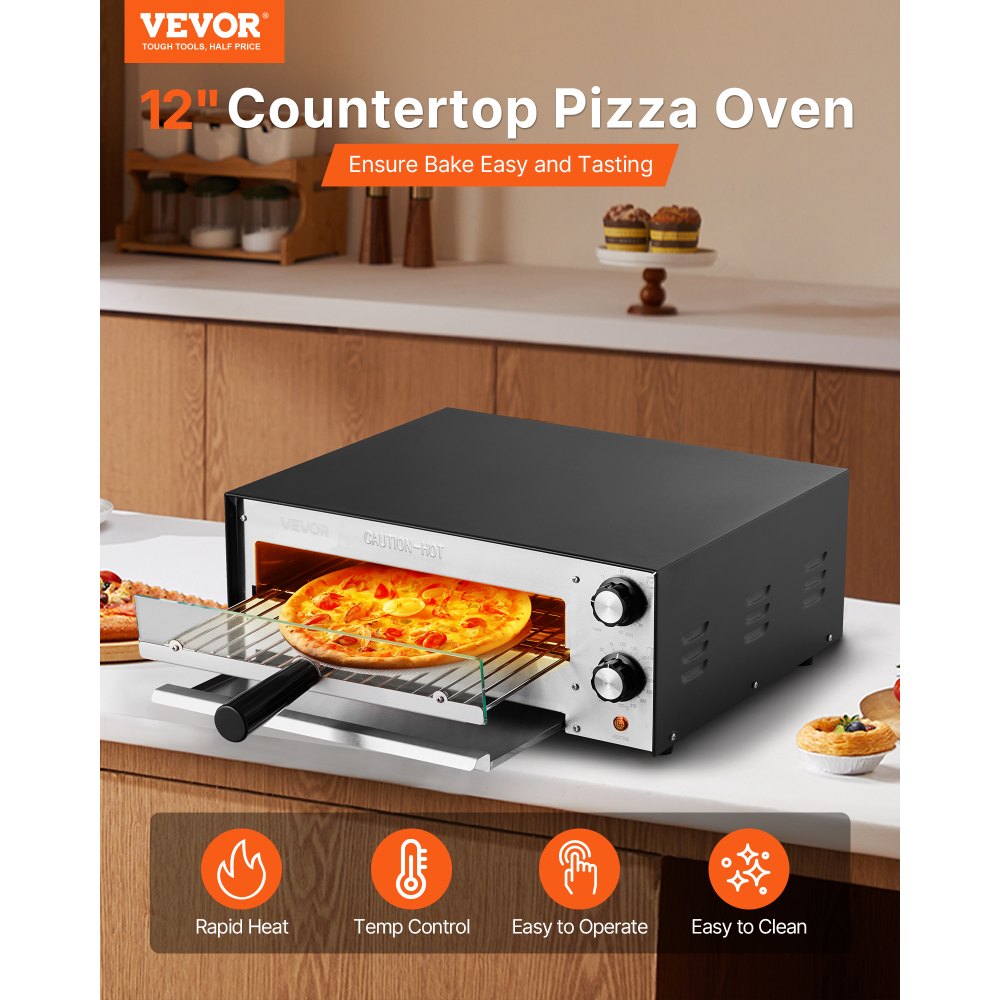 VEVOR Electric Pizza Oven, 12-inch Countertops Pizza Ovens, 572°F Max Temp, 1450W Indoor Pizzas Maker w/Timing & Temp Control, Pizza Cooker w/Dual Heat Tube, Crumb Tray, for Diner and Home Kitchen