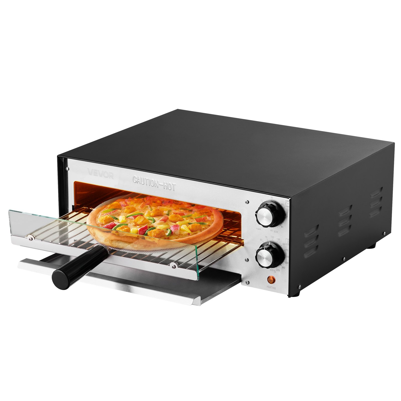 VEVOR elektrischer Pizzaofen für 305 mm Pizza 1450 W Pizzabackofen bis 300 °C, Pizzamaker mit Zeit- und Temperaturregelung, Pizzabackmaschine Pizzamaschine multifunktional Grillofen Schwarz
