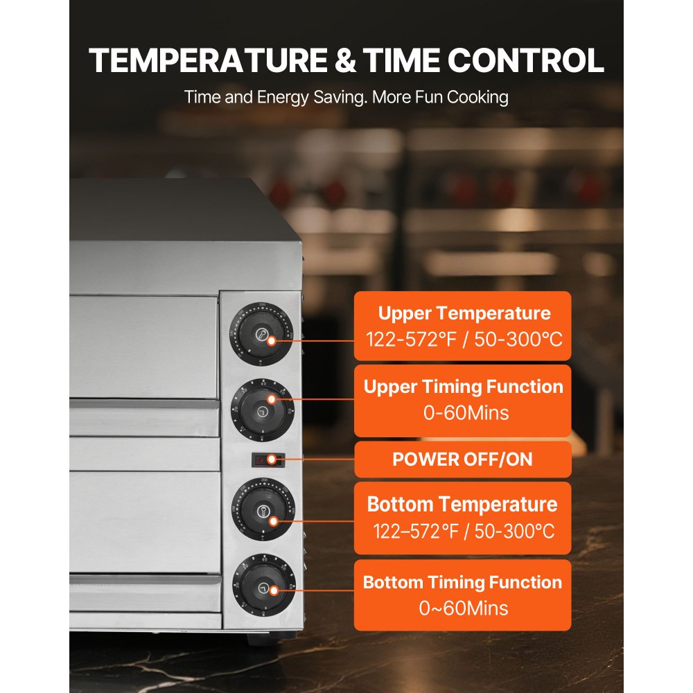 VEVOR Elektrischer Pizzaofen für Arbeitsplatten, 12 Zoll, 1700 W, mit Temperaturregelung und 0-60-Minuten-Timer, gleichmäßiger Backtechnologie und leicht zu reinigender Krümelschublade, ideal für gewerbliche und private Küchen