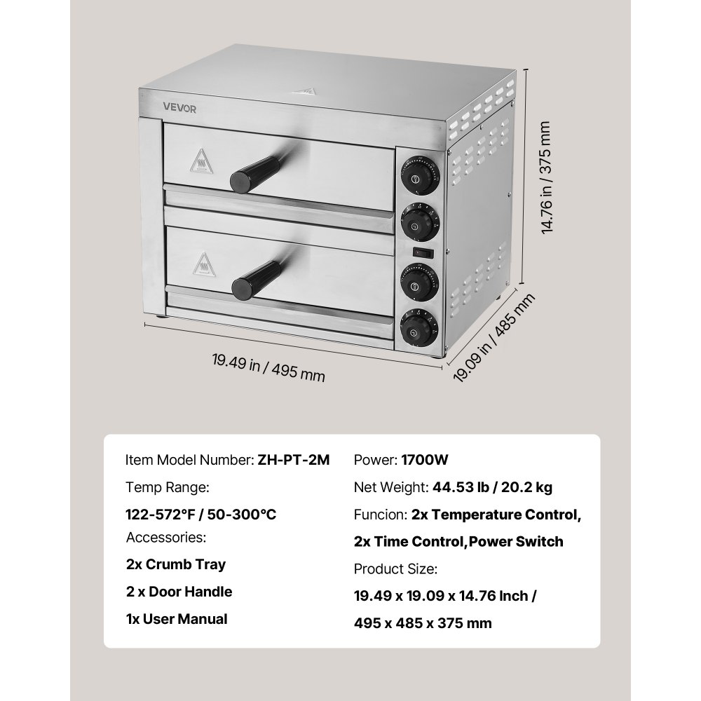 VEVOR Elektrischer Pizzaofen für Arbeitsplatten, 12 Zoll, 1700 W, mit Temperaturregelung und 0-60-Minuten-Timer, gleichmäßiger Backtechnologie und leicht zu reinigender Krümelschublade, ideal für gewerbliche und private Küchen