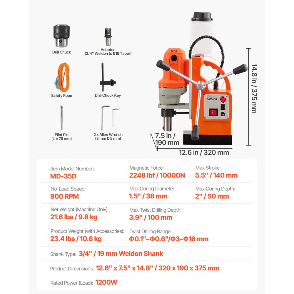 VEVOR Magnetbohrmaschine 1200 W 38 mm Bohrdurchmesser, 10000 N Power Mag Bohranlage, 900 U/min Drehzahlen mit Weldonschaft & effizienter Kühlung, für Metalloberflächen Industrie Heimwerker