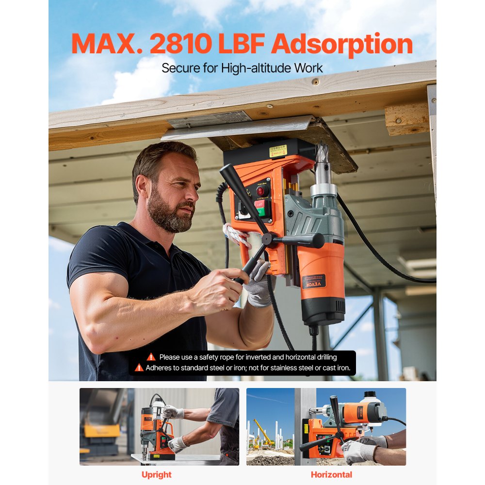 VEVOR Magnetic Drilling Machine, Core Drilling Machine, 40 mm Drilling Diameter, 12500 N Portable Electric Magnetic Drilling Machine with 2 Core Drills, Variable Speed, Drilling Machine for Metal Surfaces