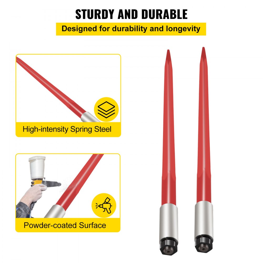 VEVOR Hay Spike, Pair, 99.1 cm, Bale Spike, 1366 kg Load Capacity, Bale Spike, Quick Attachment, Square Hay Bale Spike, 4.3 cm, Red Coated Bale Forks, Bale Spike with Hex Nut and Sleeve for Shovels, Tractors, Loaders
